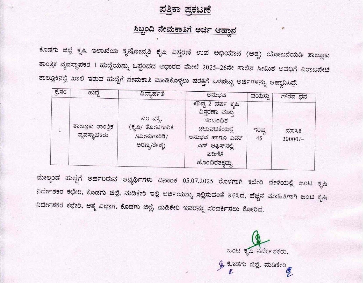 Kodagu Horticulture Official Notification 2025